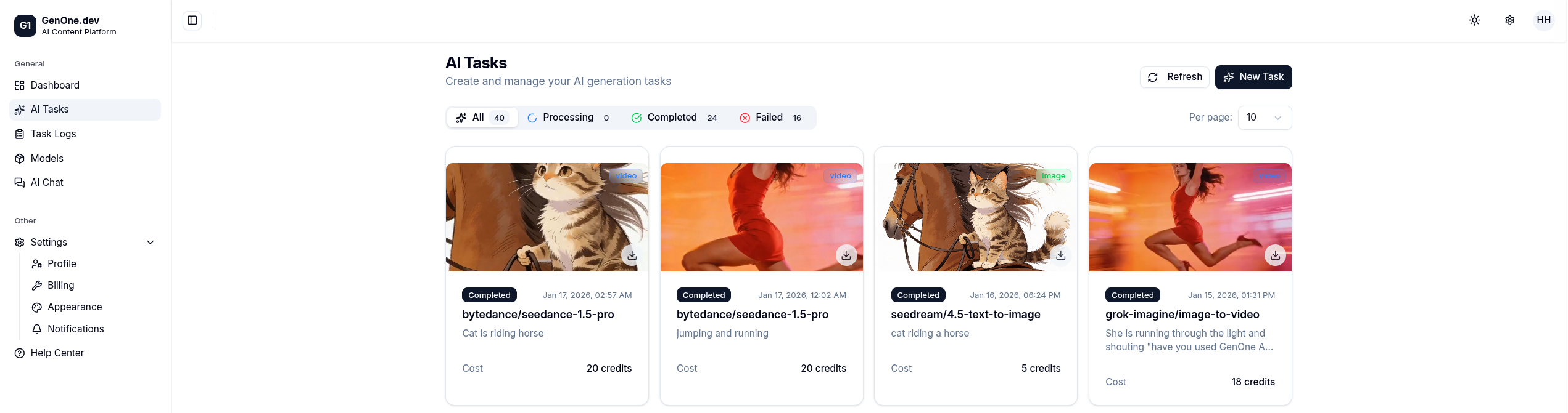 GenOne.dev Dashboard